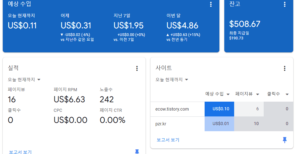 오늘 구글 애드센스 수익
